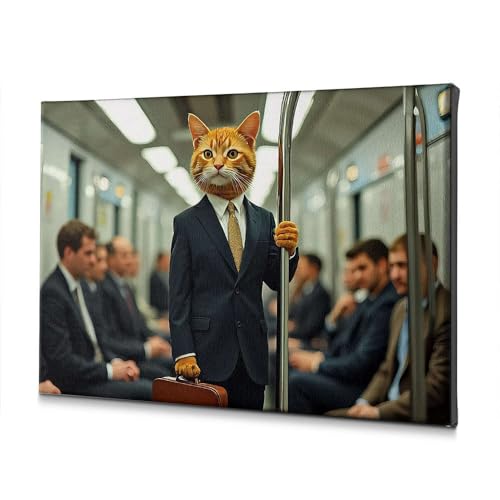 Toile chat en costume métro 40x60 cm tableau salon insolite
