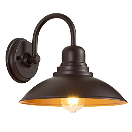 Image of GOLDHILL 10.5 inch Bronze Gooseneck Metal Outdoor Barn Light, Powder Coated Farmhouse Porch Light with Gold Interior, Wet Location Rated Exterior Sconce for Porch, Garage, Bathroom Vanity