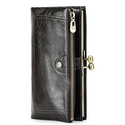ACMHNC Grand Portefeuille Femme RFID Blocage Cuir Veritable avec Plusieurs Compartiments Porte Monnaie Long avec 10 Emplacements Cartes, Porte Chequier et Fermeture Éclair Cover