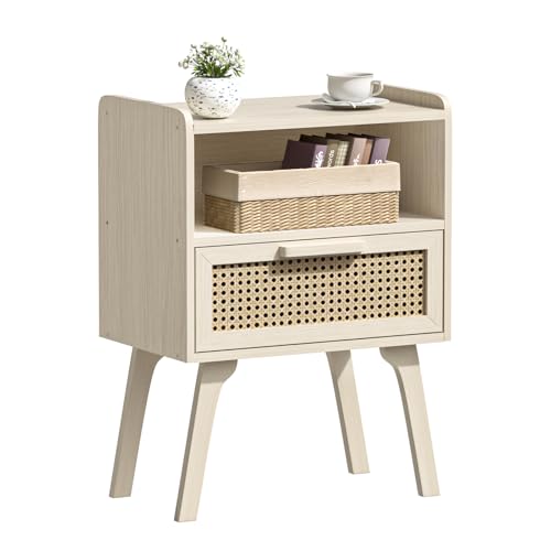 Image of Lerliuo Rattan Nightstand, Side Table with Drawer Open Shelf | Bedside End Table with Solid Wood Legs, Mid Century Modern Night Stand for Bedroom, Dorm and Small Spaces (Grey White)