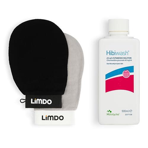 Hibiwash Skin Cleansing Kit - Antibacterial Body Wash 500ml with Limdo Exfoliating Gloves Bath SPA Exfoliating Mitts, Dual-Sided Deep Clean Dead Skin Remover Glove