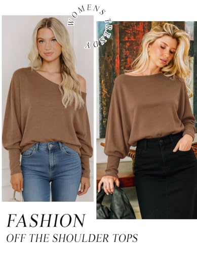 Image of Aifer Women's Off The Shoulder Tops Sexy Long Sleeve Shirts Oversized Fashion Casual Batwing Sweaters Pullover Tunic Tops