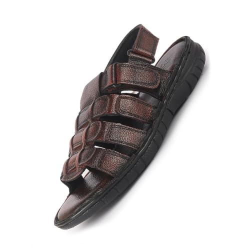 Image of FAUSTO Men Genuine Leather Multi Strap Open Toe Broad Feet Roman Sandals with Adjustable Back Strap | Slip Resistant Lightweight Sole