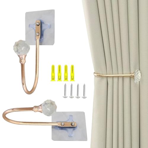Paquete de 2 soportes autoadhesivos para cortinas, soporte de cortina de metal dorado en forma de U, ganchos de alzapaños de cortina montados en la pared con bola de cristal transparente, soportes de