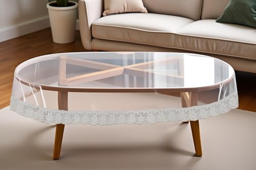 Image of The Furnishing Tree Oval Shaped Transparent Center Table Cover WxL 45x70 inches 0.25 mm Thickness with White Lace