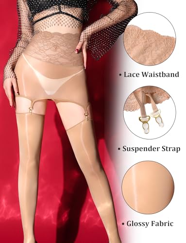 Image of FEOYA Women's Oil Shiny Lace Top Garter Pantyhose with Shimmer Thigh High Stockings Suspender Tights Hosiery (No Thong)