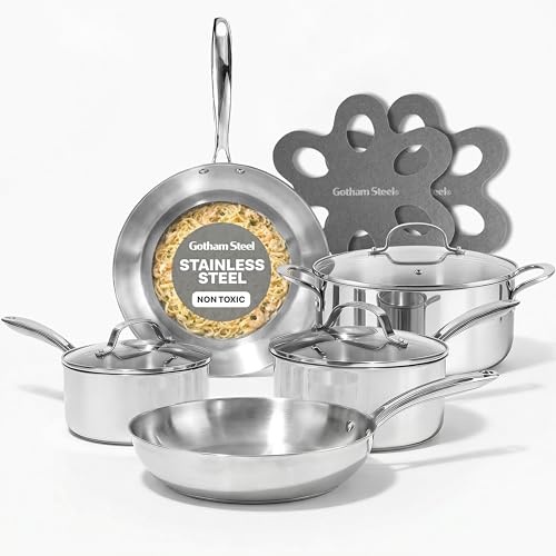 Gotham Steel 10 Pcs Tri Ply Stainless Steel Cookware Set, Pots...