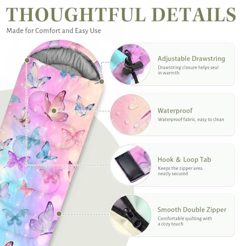 Bolsa de dormir WeCozy Butterfly rosa para niños, ligera impermeable para 3 estaciones, con saco compresor para camping, uso interior y mochilero miniatura 3