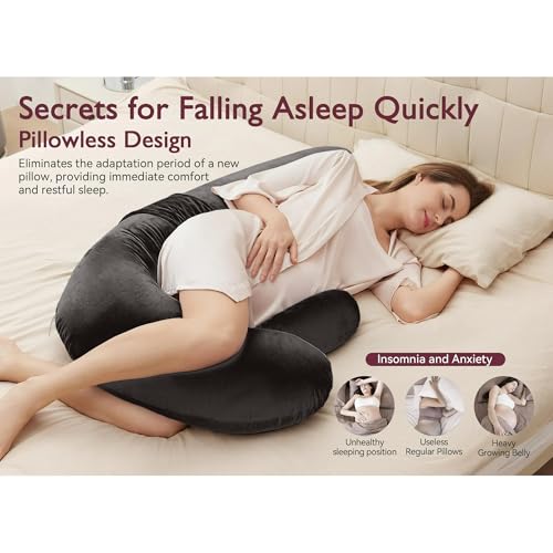 Image of J-Shaped Sleeping Pregnancy Pillow| Removable Velvet Covers| PregnoCare Fibres| Baby Shower Gift, Maternity, Nursing| Full Body Soft-Support Bump, Head, Back, Shoulder, Hips, Legs and Belly (Brown)