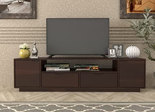 Image of DRIFTINGWOOD Malvina Sheesham Wood Entertainment Tv Unit for Living Room | Free Standing Movable Low Height Tv Cabinet Sideboard | Tv Table with 2 Drawer, 2 Door Cabinet Storage | Walnut