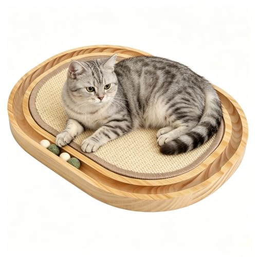 HLSMKJ Sisal Cat Scratcher Toy, Natu sisal cat Scratching pad, Ball Track Wooden Interactive Cat Toy Ball, Catnip Ball, for Cats Chasing, Hunting, Mental Physical Exercise Puzzle