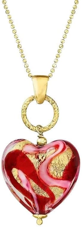 Red Murano Glass Heart Necklace for Women, 18K Gold Plated 925 Sterling Silver Adjustable Chain, Dainty Valentine Christmas Birthday Gift for Her
