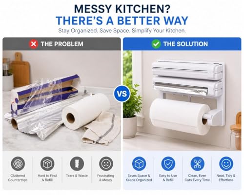 Image of Wall Mounted Foil and Cling Film Dispenser with Cutter - 3 in 1 Kitchen Wrap Organizer with Paper Towel Holder for Aluminium Foil, Butter Paper, Food Wrap and Roti Sheets