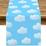 Pudodo Blue Sky White Clouds Table Runner On Cloud 9 Birthday Boys Bday Party Baby Shower Kitchen Dining Home Decoration (Blue, 13' x 72')