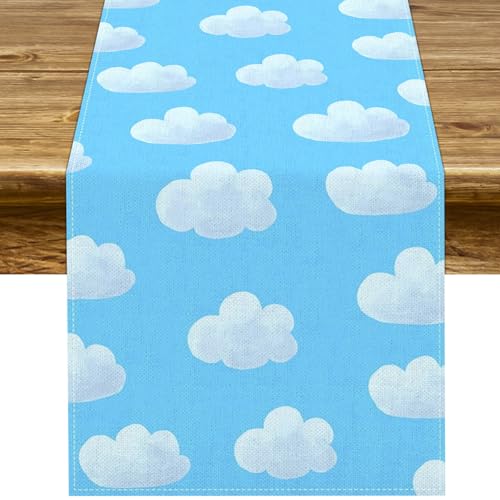 Pudodo Blue Sky White Clouds Table Runner On Cloud 9 Birthday Boys Bday Party Baby Shower Kitchen Dining Home Decoration (Blue, 13" x 72")