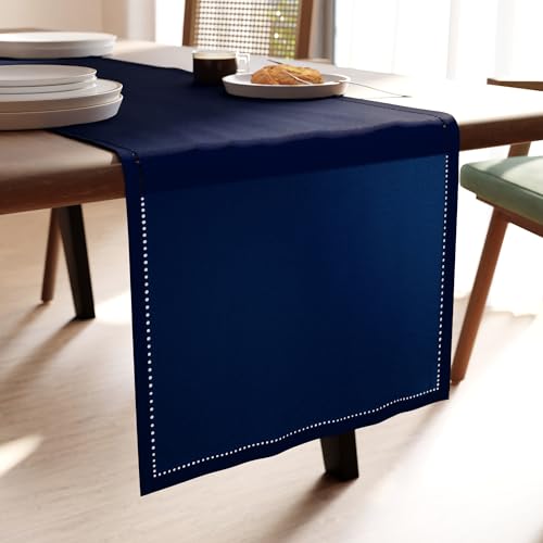 Encasa XO Dining Table Runner 13x91 in | Pure Cotton Hemstitched Design | Scotch Blue - Machine Washable
