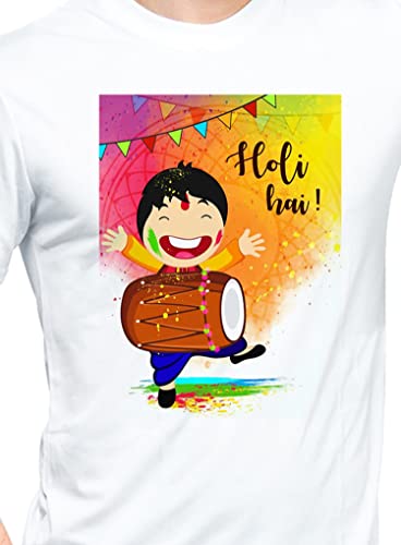 Image of Knitted Polycotton Fabric Regular Fit Men Boys Half Sleeve T-Shirt for Festival of Holi Style 14 White Size : Free