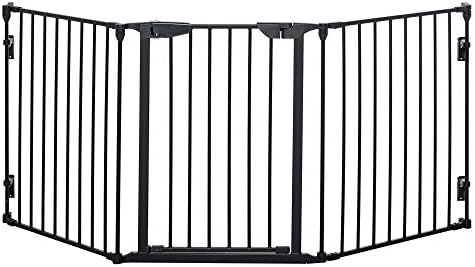 PawHut Pet Safety Gate 3-Panel Playpen Fireplace Christmas Tree Metal Fence Stair Barrier Room Divider with Walk Through Door Automatically Close Lock Black