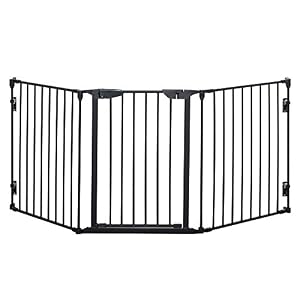 PawHut Pet Safety Gate, 3 Panels Playpen Fireplace, Foldable Metal Fence, Stair Barrier, Room Divider, Fire Guard w/Automatic Closing Door, Black