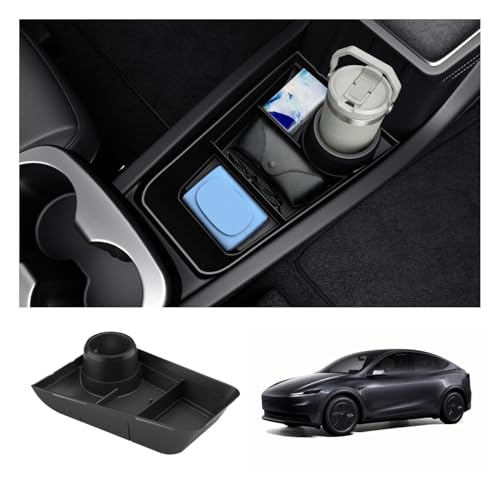 Spigen Tesla Model Y Juniper 2025 2026 (NUR Standard) Organizer für die untere Mittelkonsole mit Getränkehalter Multifunktionale Aufbewahrungsbox Premium-Innenraum-Zubehör für Tesla Model Y Juniper