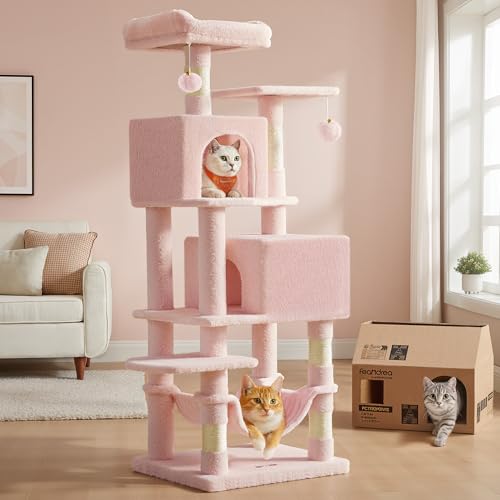 Feandrea Cat Tree 59.5-Inch Tall Cat Tower Plush Multi-Level Condo with 5 Scratching Posts 2 Perches 2 Caves Hammock 2 Pompoms Jelly Pink UPCT192P01