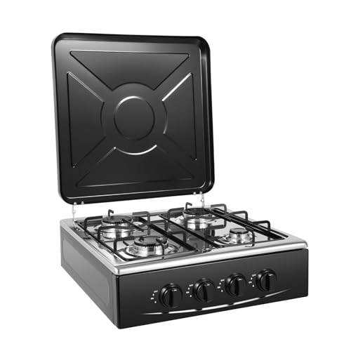 Estufa de gas propano 4 llamas de gas para exteriores, campamento, placa de hierro con encendido manual y estantes ideal para caravanas, jardín y cocina al aire libre