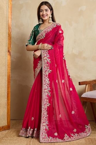 Image of SGF11 Women's Fendy Chiffon Silk Embroidery Work Saree With Blouse Piece