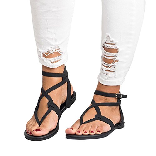 Sandalen Damen Badelatschen Slipper Flip-Flops Sandalen Kreuzriemen Flach Knöchel Roman Schuhe (EU:38=CN:39, Schwarz)