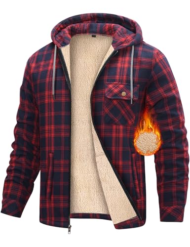 heekpek Sweat a Capuche Homme Vestes Doublées en Polaire Blouson Hiver Manteau Sherpa Chaud Hoodies Sweatshirt Chemises à Carreaux Zippées en Flanelle pour Le Travail à L'extérieur, Rouge+Bleu, L
