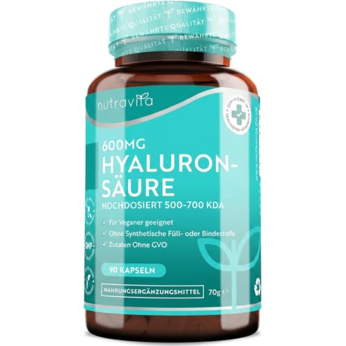 Hyaluronsäure Kapseln 600 mg – 90 vegane Hyaluron Kapseln für 3 Monate – Hochdosiert 500 – 700 kDa - mit 600mg pro Kapsel - Hyaluronic Acid für die Hydratation der Haut - Nutravita