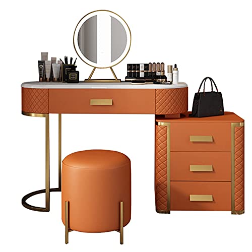 Juego de maquillaje de mesa de tocador con espejo de brillo ajustable, 4 cajones y taburete acolchado para dormitorio y vestidor, fácil montaje