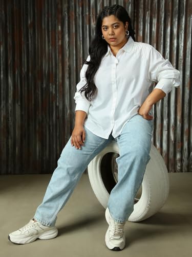 Image of High Star Women Solid Cotton Oversized Fit Collar Long Sleeve Shirts 76