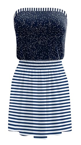 Image of SAUKOLE Summer Dresses for Women Bandeau Strapless Smocked Elastic Waist Sundress Tube Mini Dress with Pockets