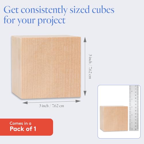 image for DIY Wooden Cubes 3-inch, Pack of 1 Large Wooden Blocks, Unfinished Woo
