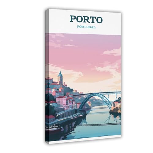 SDKAHKZO Póster de viaje vintage de Oporto, Portugal, con puente Luis y río Duero, lienzo decorativo para pared, pósteres para decoración de pared, hogar, bar, restaurante, garaje, cafetería, logotipo