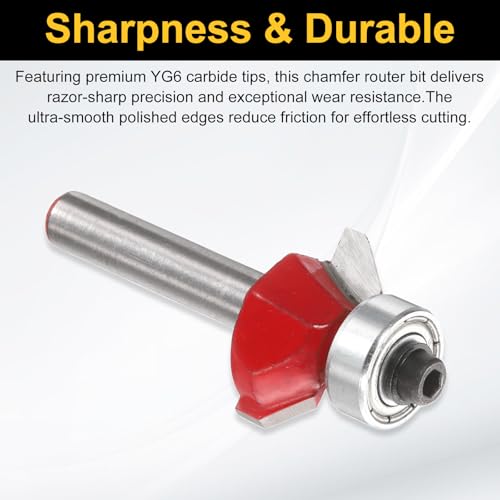 Image of HARFINGTON 2pcs 45 Degree Chamfer Router Bit 1 /4 Inch Shank 0.3 inch Cutting Length Carbide Tip with Bearing for Woodworking Milling Cutter Tool, Red