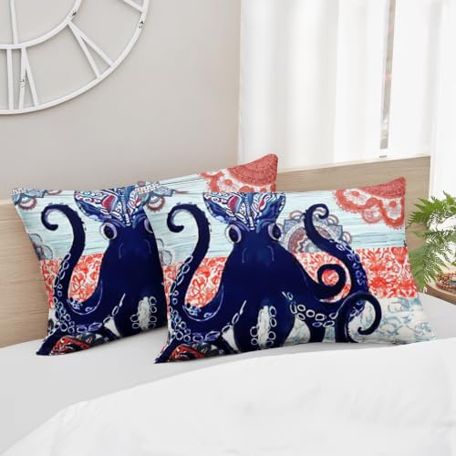 Image of AILONEN Bohemian Octopus Queen Comforter Set, Navy Mandala Artwork Home Ensemble, 3 Piece Microfiber Down Alternative Fill for Couples Family Guests