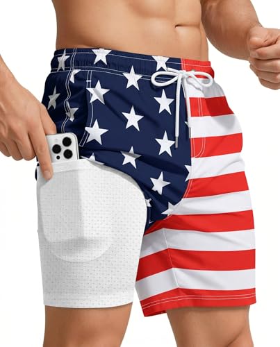 7 Inch 7in Men Swim Trunks mid-thigh Compression Liner Quick Dry Pocket Lined Inseam American Flag 4th July Red White Blue USA Patriotic Male Swimwear Swimsuit Swimtrunks Bathing Suit Beach Short