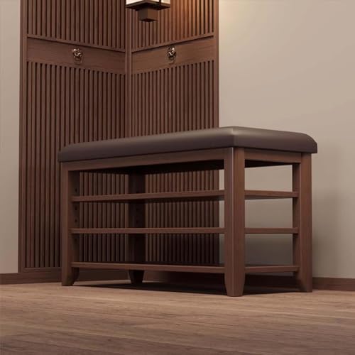 Banc à chaussures meuble de rangement en bois massif avec étagère basse - 7