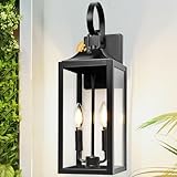 Yolsunes Black Dusk to Dawn Outdoor Wall Lantern 2-Light, 19' Large Outside Modern Wall Sconce Light Fixture, Industrial Porch Light Wall Mount with Glass, Waterproof Farmhouse Exterior Lamp Lighting