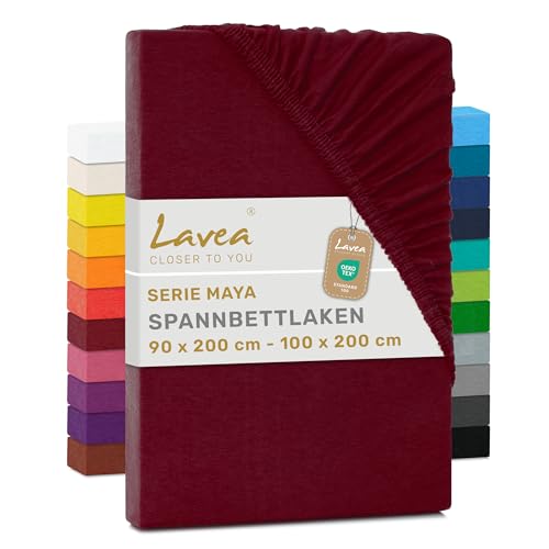 Lavea® Spannbettlaken 90x200cm - 100x200cm Maya Jersey, Bettlaken aus 100% Baumwolle, mit Rundumgummi für Matratzen bis 20 cm, atmungsaktiv, pflegeleicht, formstabil, Spannbetttücher, Bordeaux
