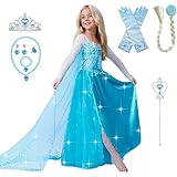 [EKALA] 子供 用 ドレス コスチューム 子供 コスプレ 衣装 豪華8点セット ・アイスブルー (プリンセスドレス, ハートのティアラ, 魔法のステッキ, 手袋, ネックレス, リング, イヤリング, 三つ編みウィッグ）