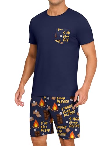 Image of PrinStory Mens Summer Pajamas Set Lightweight Pjs Sets Short Sleeve Pajama Shorts Set Soft Sleepwear Loungewear with Pockets