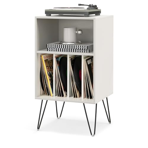 COSTWAY Record Player Stand, Wooden Turntable Stand End Sofa Side Table with 5 Shelves for 150 Albums, Metal Legs Vinyl Record Storage Cabinet Holder for Living Room Bedroom (White)