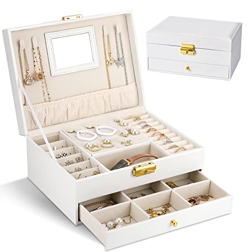 NCKIHRKK Joyeros, 2 Capas con Espejo. Organizador de Joyas Forro de Terciopelo de Mujer/Niña, para Anillos, Collares, Relojes, Pulseras, Blanco