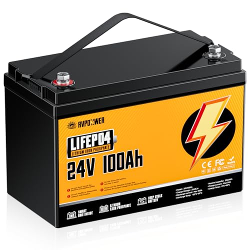 Rvpozwer 24V 100Ah LiFePO4 Battery Built-in 100A BMS 2560Wh Deep Cycle 20000+ Cycles Compact and Lightweight Lithium Battery for Trolling Motor RV Marine Solar Off-Grid Home Storage