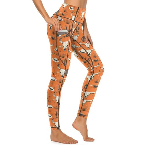 Legging yoga orange à poches pour femme, pantalon stretch taille haute imprimé tête de mort