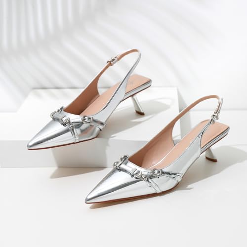 Image of Mostrin Kitten Heels for Women Pointed Toe Pumps Patent Leather Low Heel Slingback Heels with Buckle Dress Shoes for Dating Party Working
