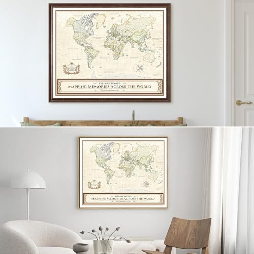 Image of DECORARTS - Large Personalized World Travel Map with Pins, Custom Name, Pin Board Canvas Wall Art, Colorful World Decor, Optional Wood Frame, Giclee Print, Handcrafted in USA, 35x28''