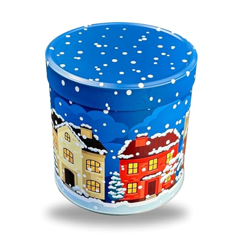 MediMuc runde Lebkuchendose mit Wintermotiv - lebensmittelecht - Weihnachtsmotiv mit mattem Schutzlack - Aufbewahrungsdose, Keksdose, Blechdose - Ø x Höhe: 11,7 x 12,0cm - Vol. ca. 1,2L